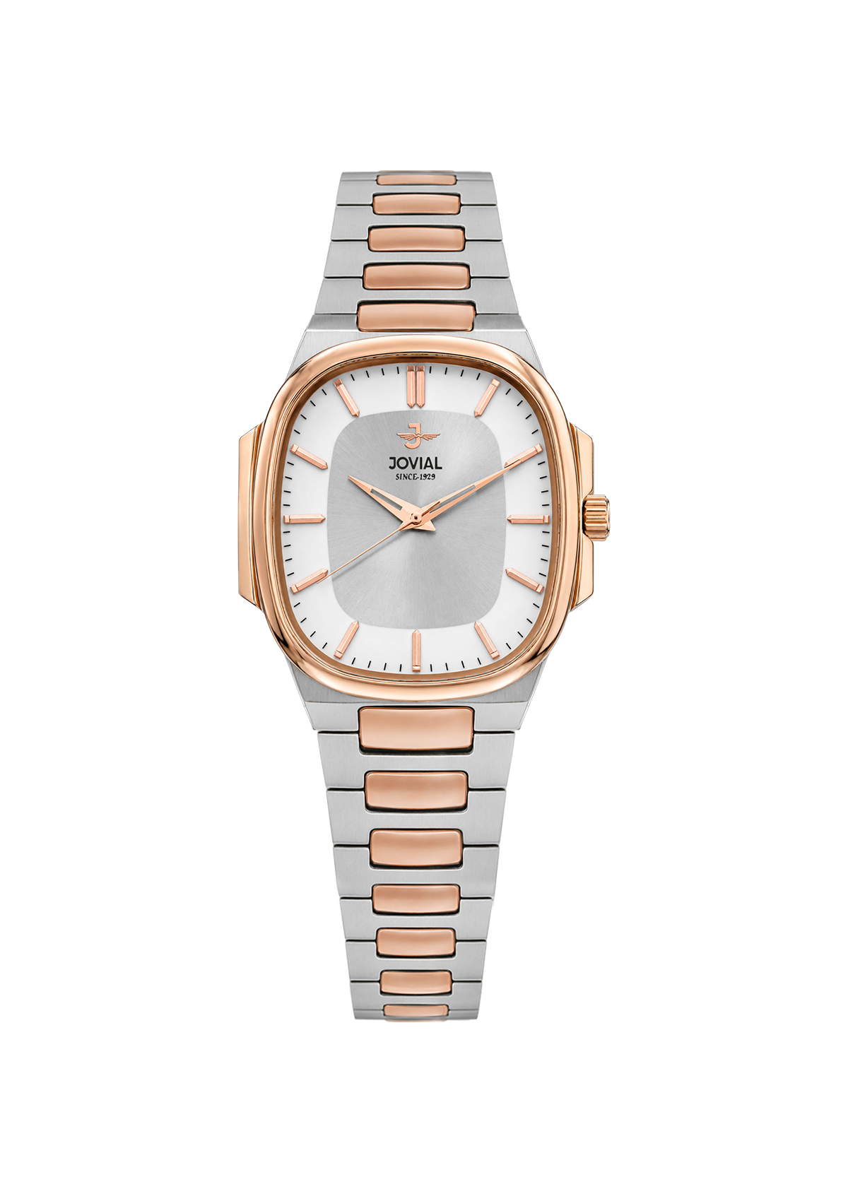 Watch with rose gold and silver band on a white background