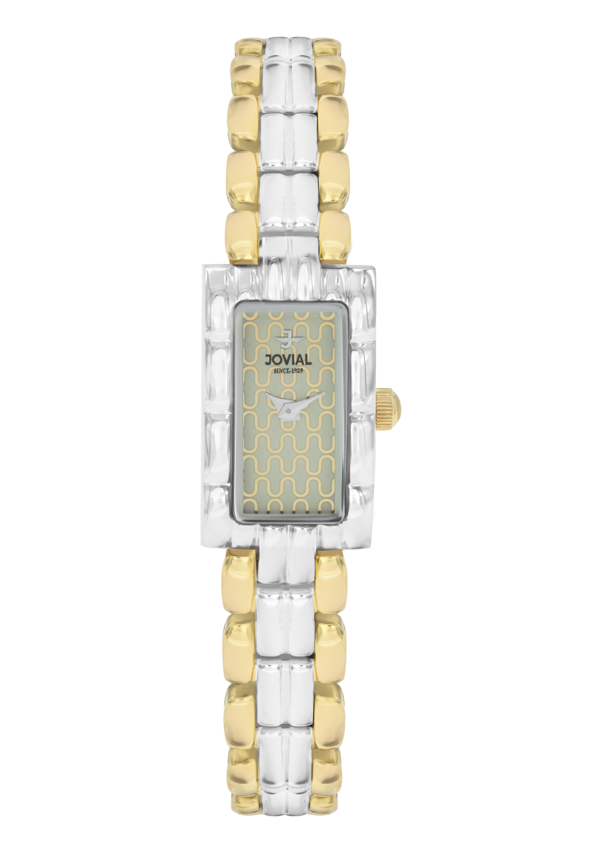 Two-tone watch with gold and silver bracelet on a white background