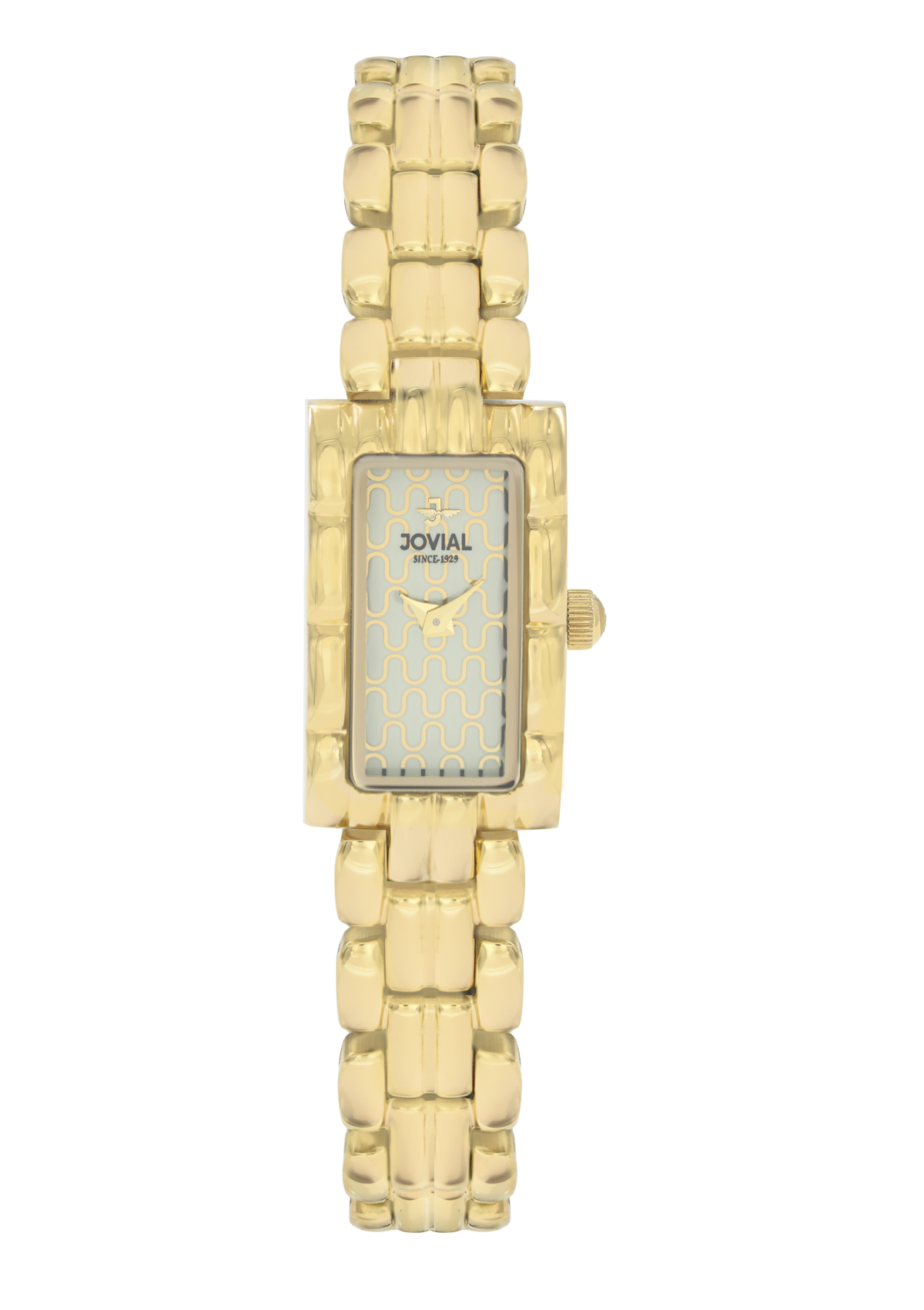 Gold watch with rectangular face on a white background