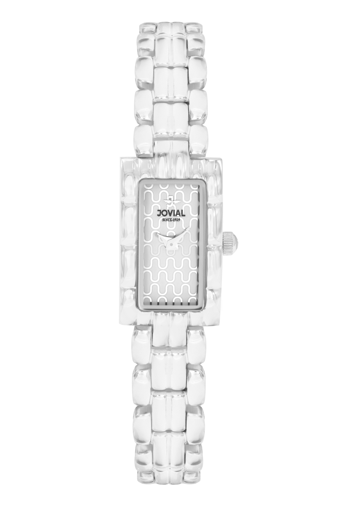 White watch with a rectangular face on a white background