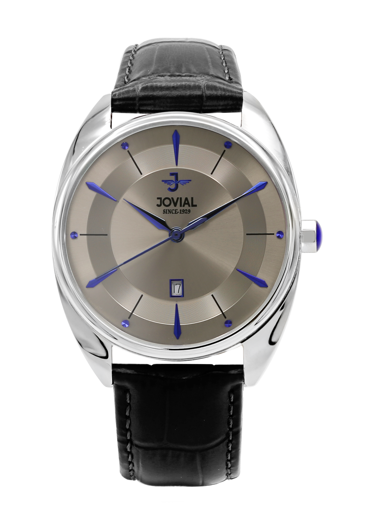 Jovial watch with black leather strap and silver case on white background