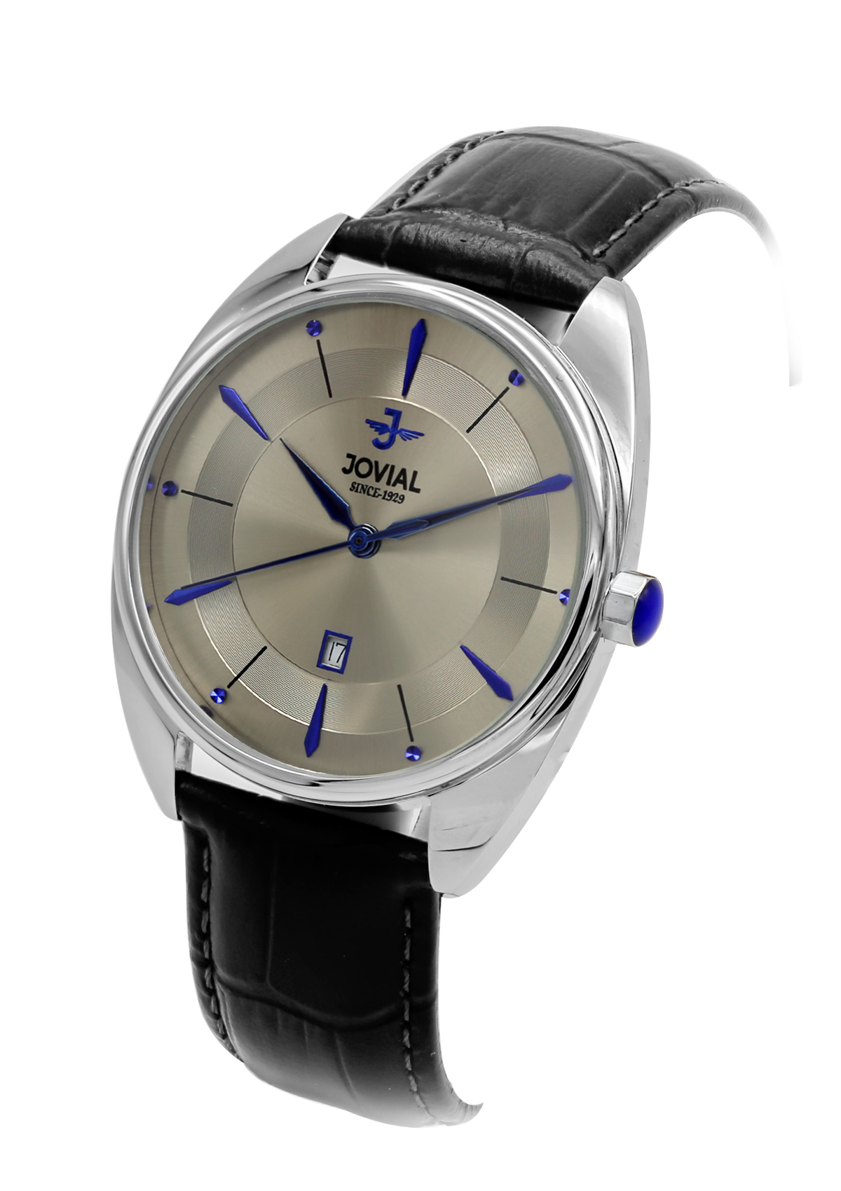Wristwatch with black leather strap and silver case on a white background
