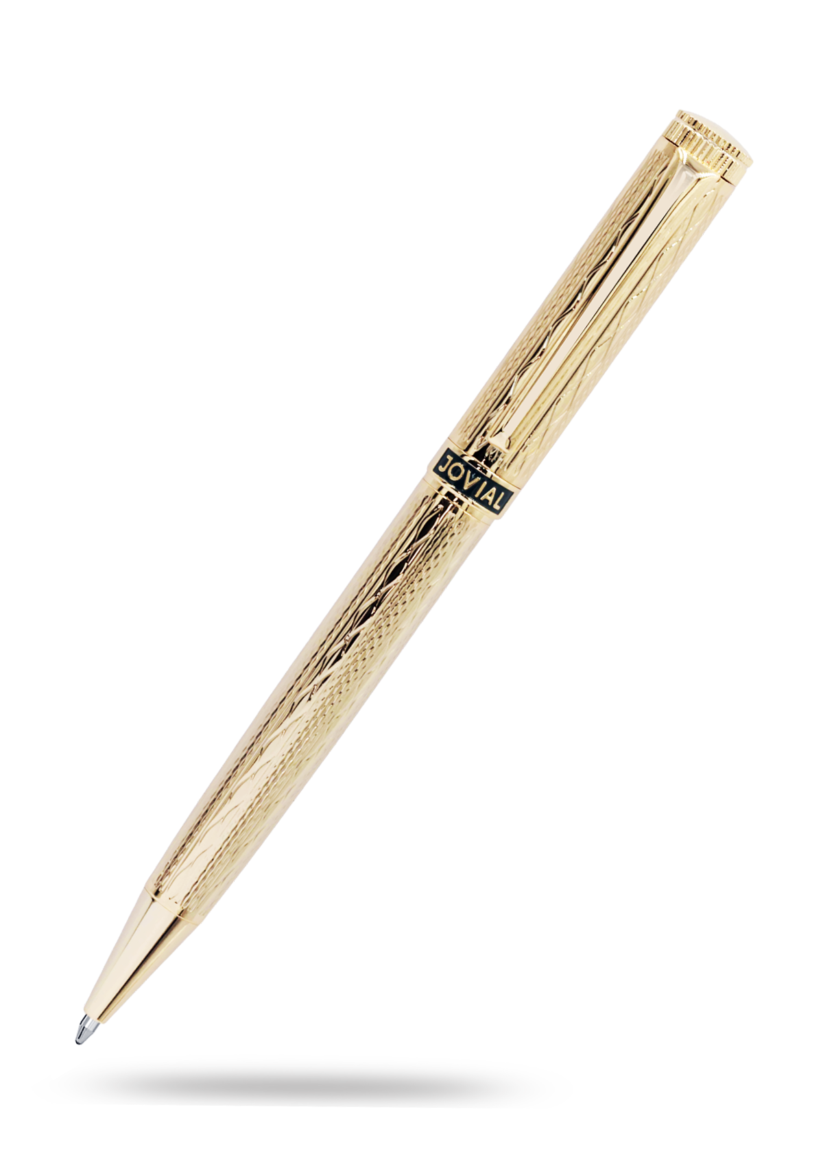 Gold pen with a visible brand logo on a white background