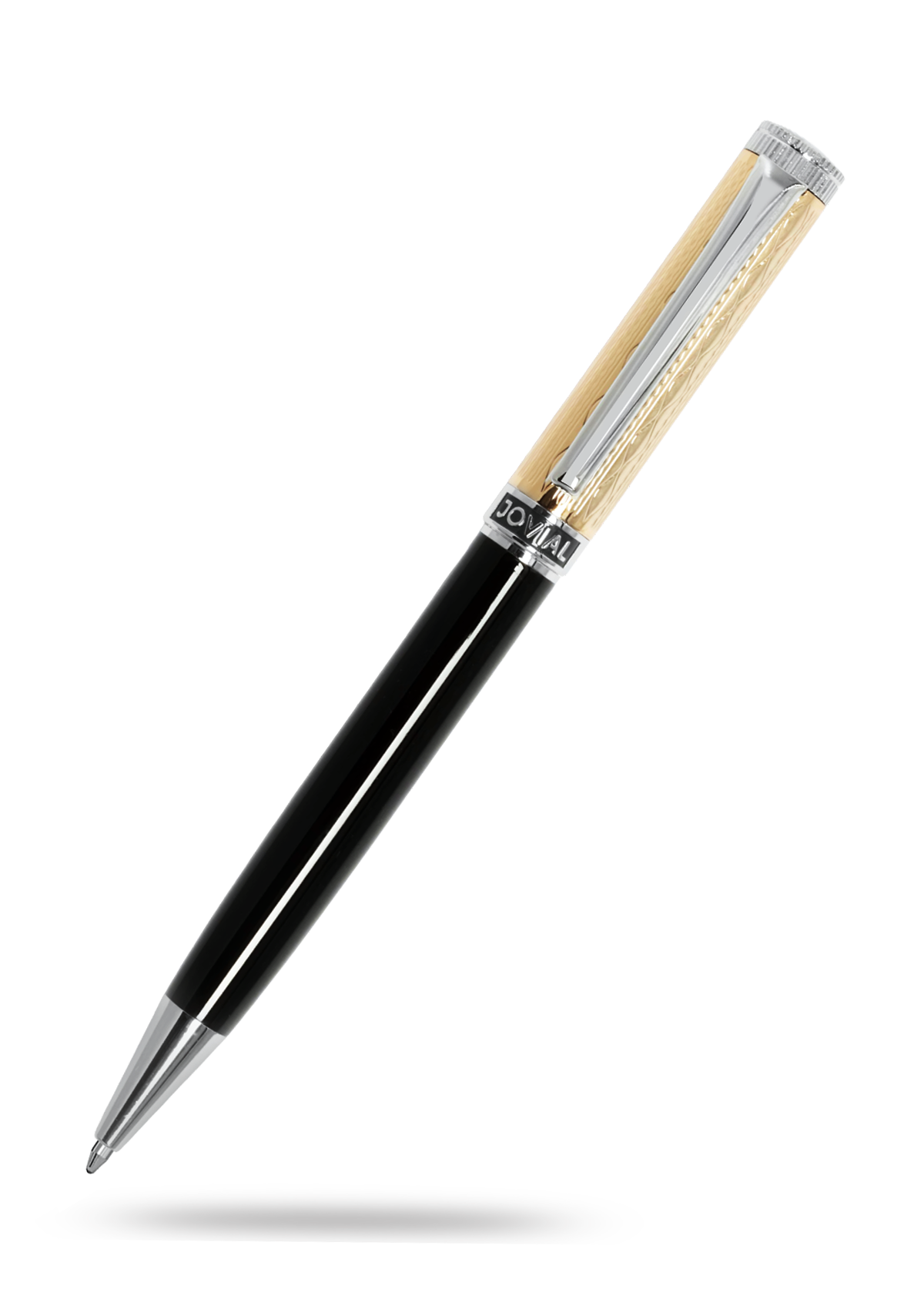 Pen with black body, gold accents, and silver clip on a white background