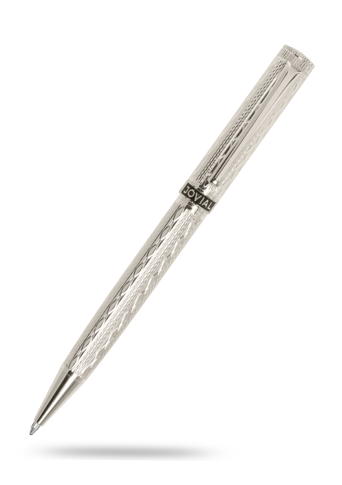 Silver pen with detailed design on a white background