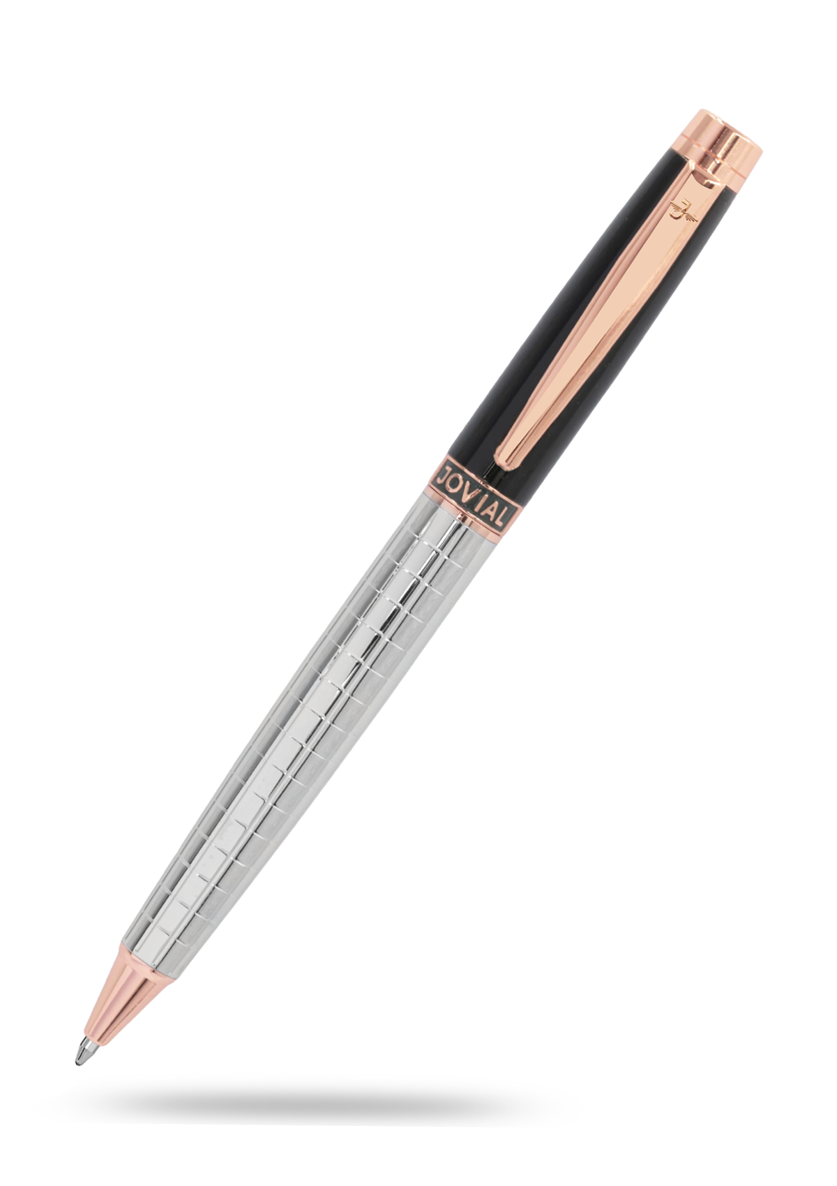 Pen with rose gold and black accents on a white background