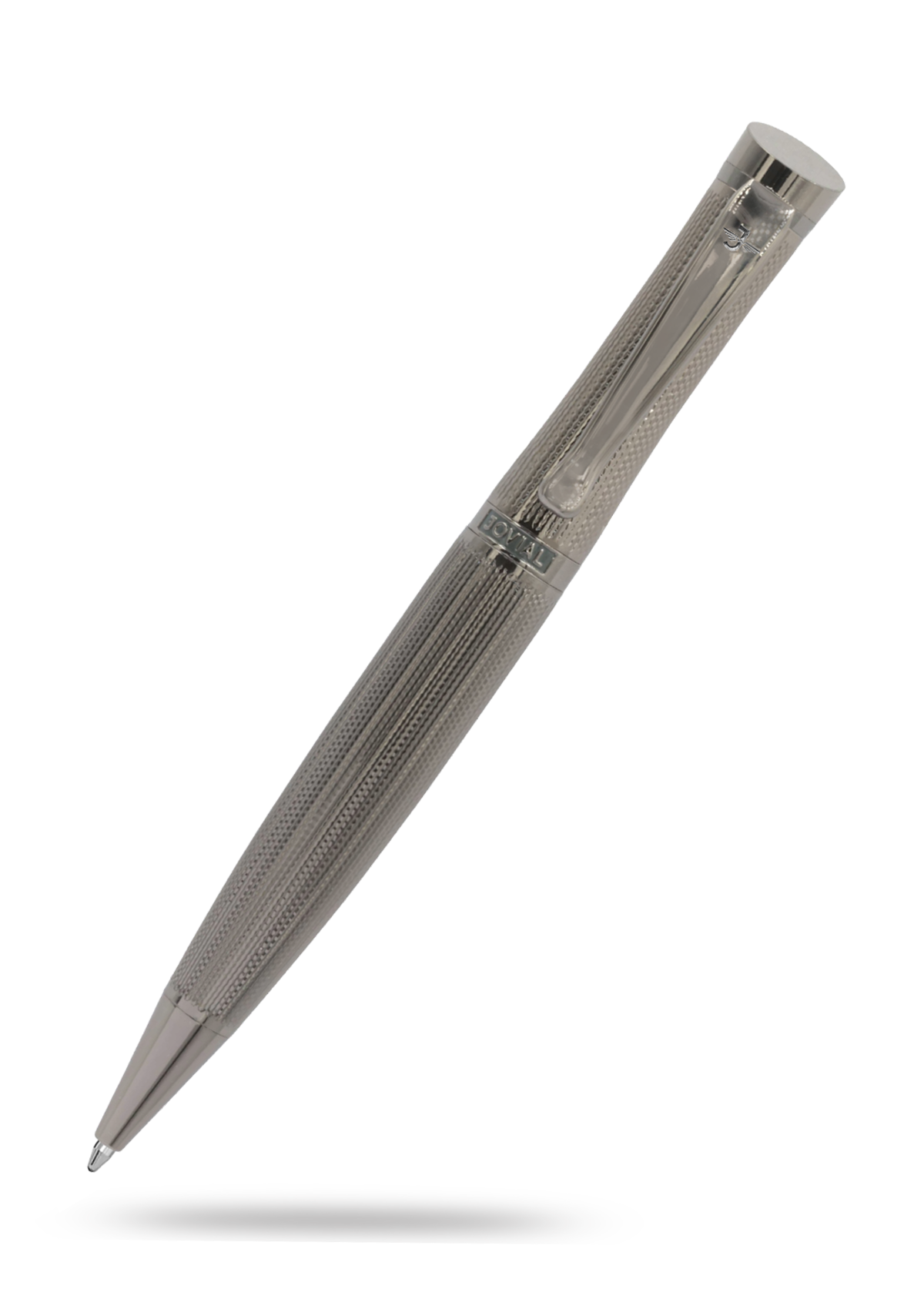 Silver pen with textured surface on a white background