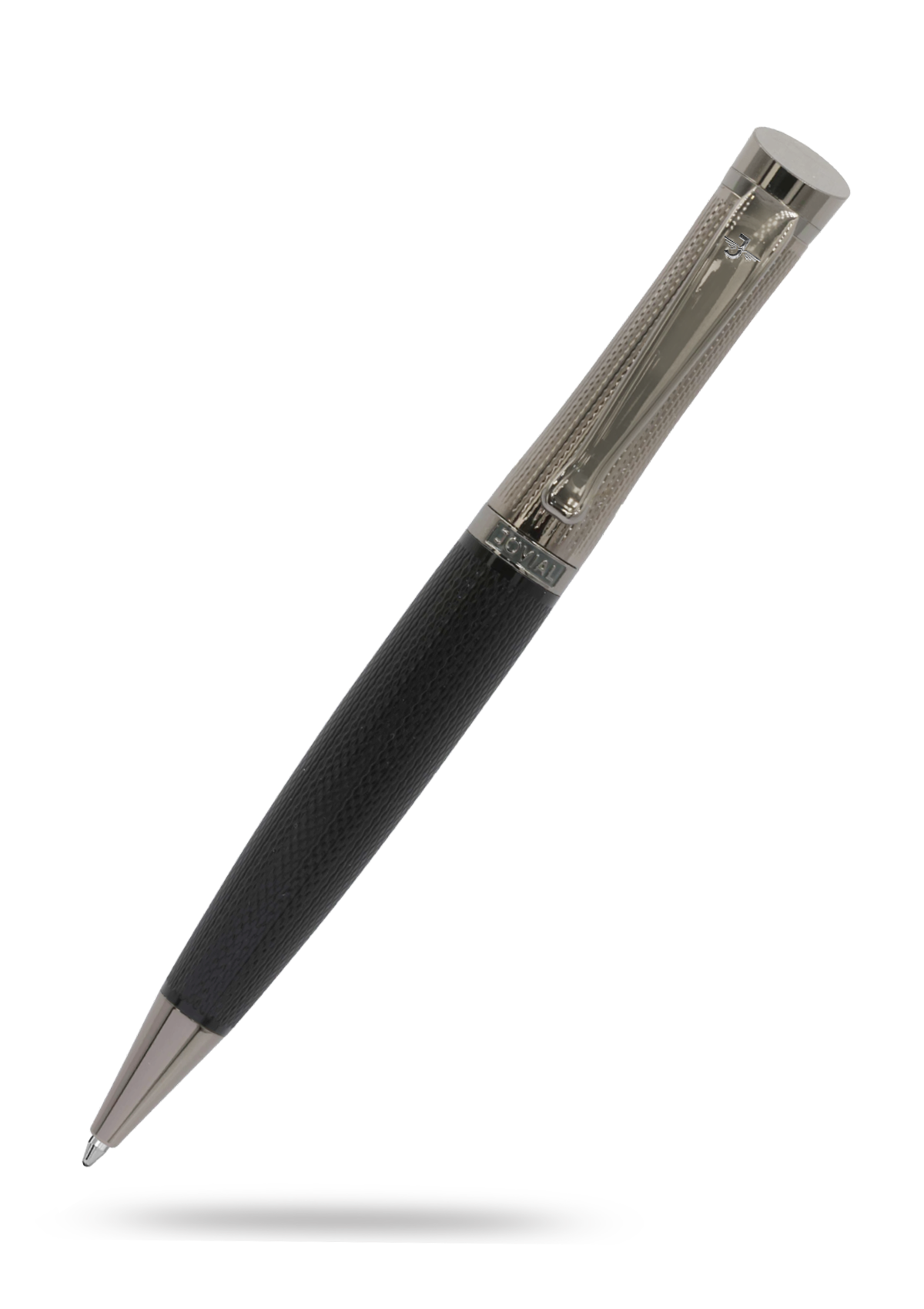 Pen with black body and silver accents on a white background