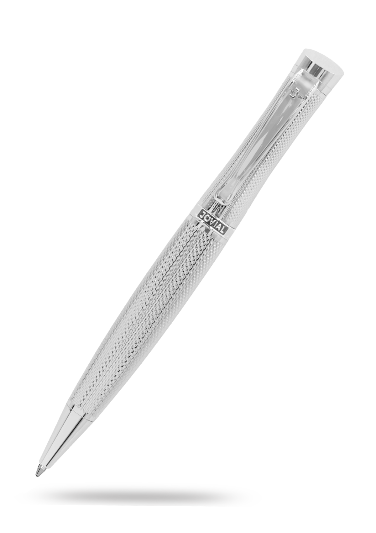 Silver pen with textured surface on a white background