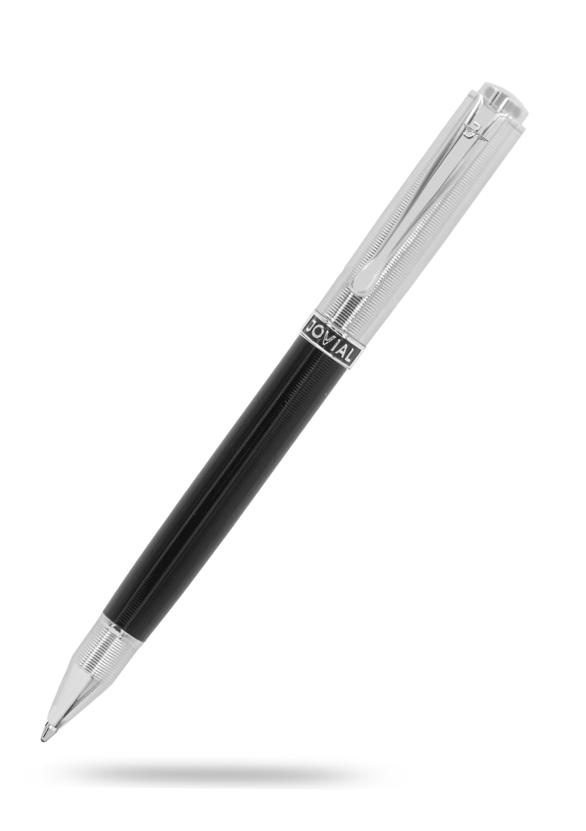 Black pen with silver accents on a white background