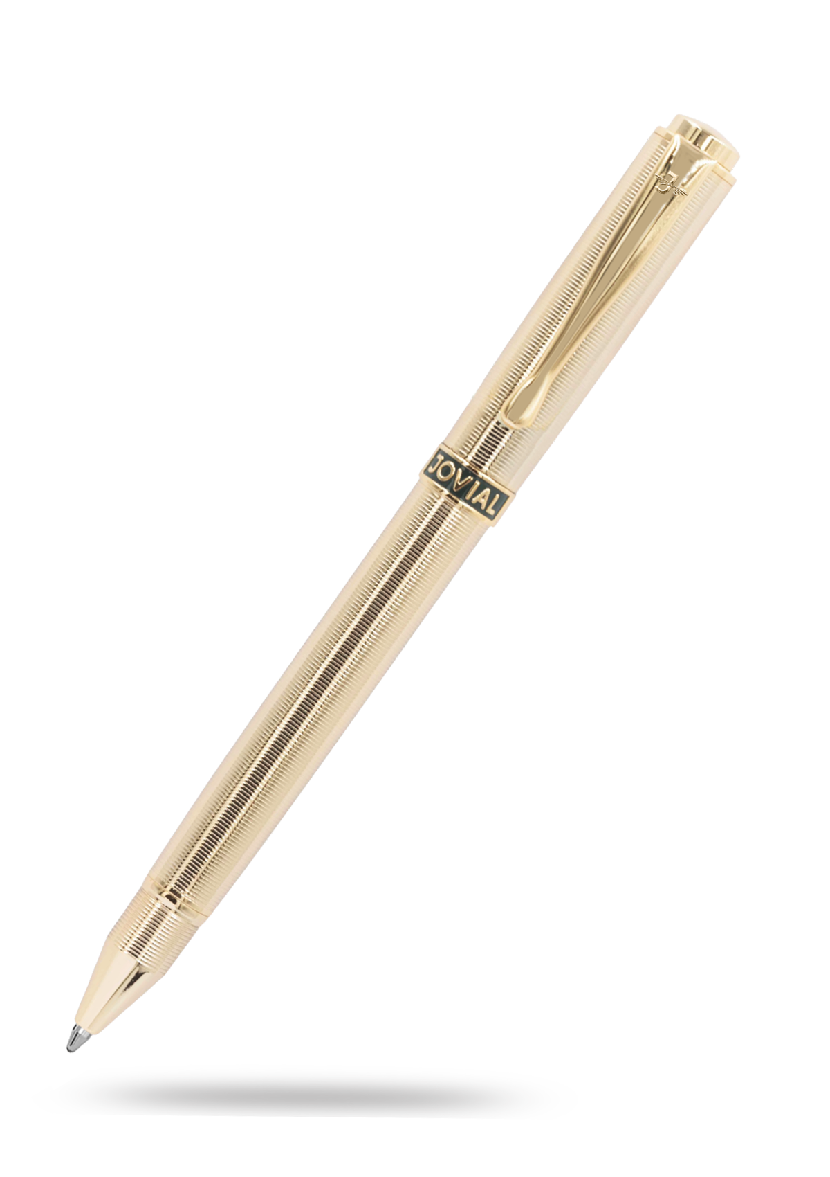 Gold pen with a visible brand logo on a white background