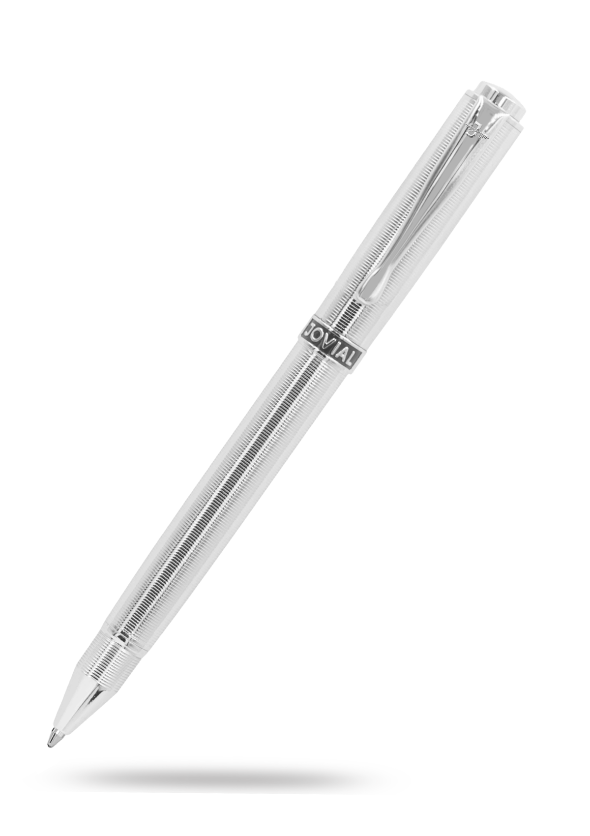 Silver pen with a visible brand logo on a white background