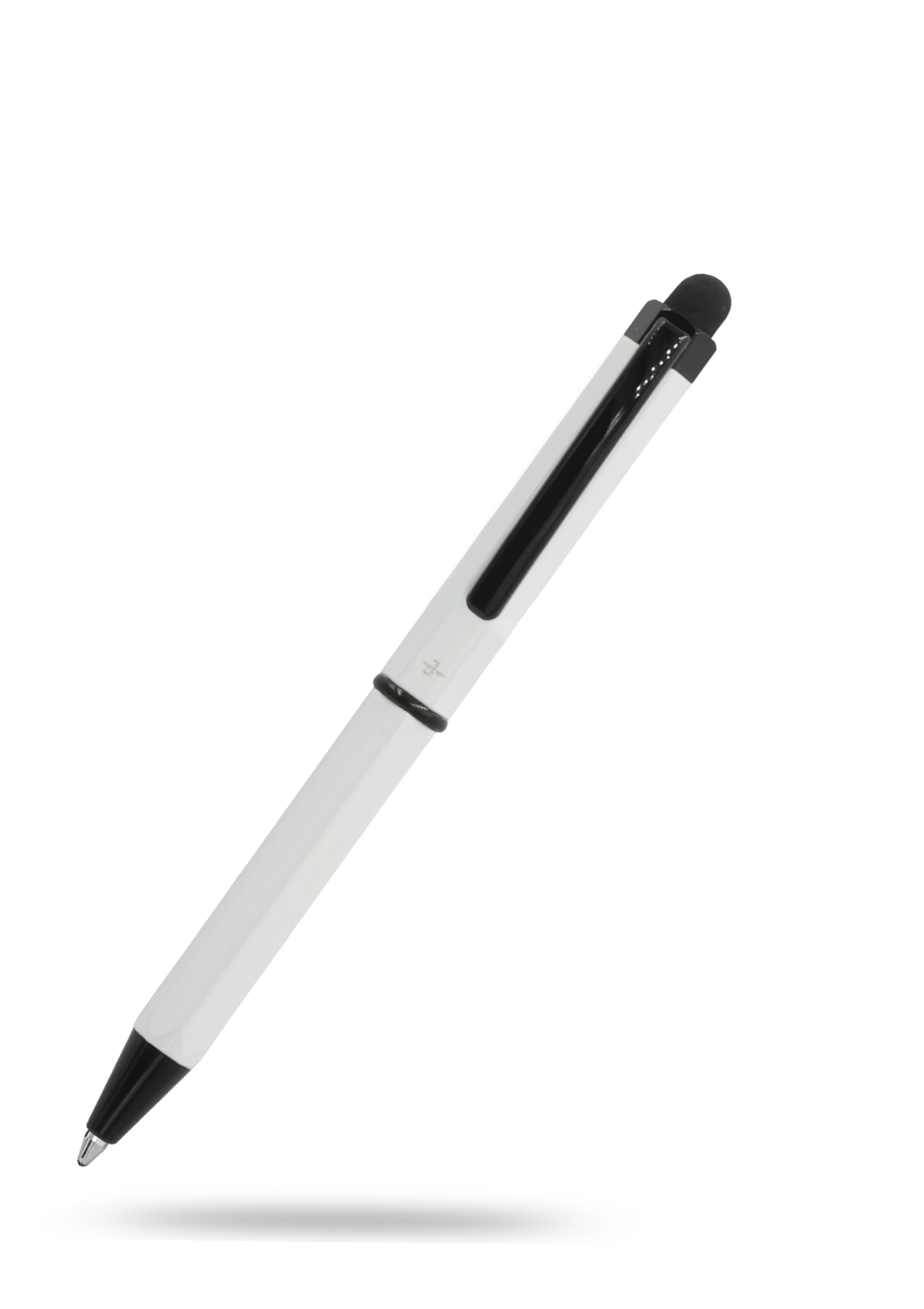 White pen with black accents on a white background