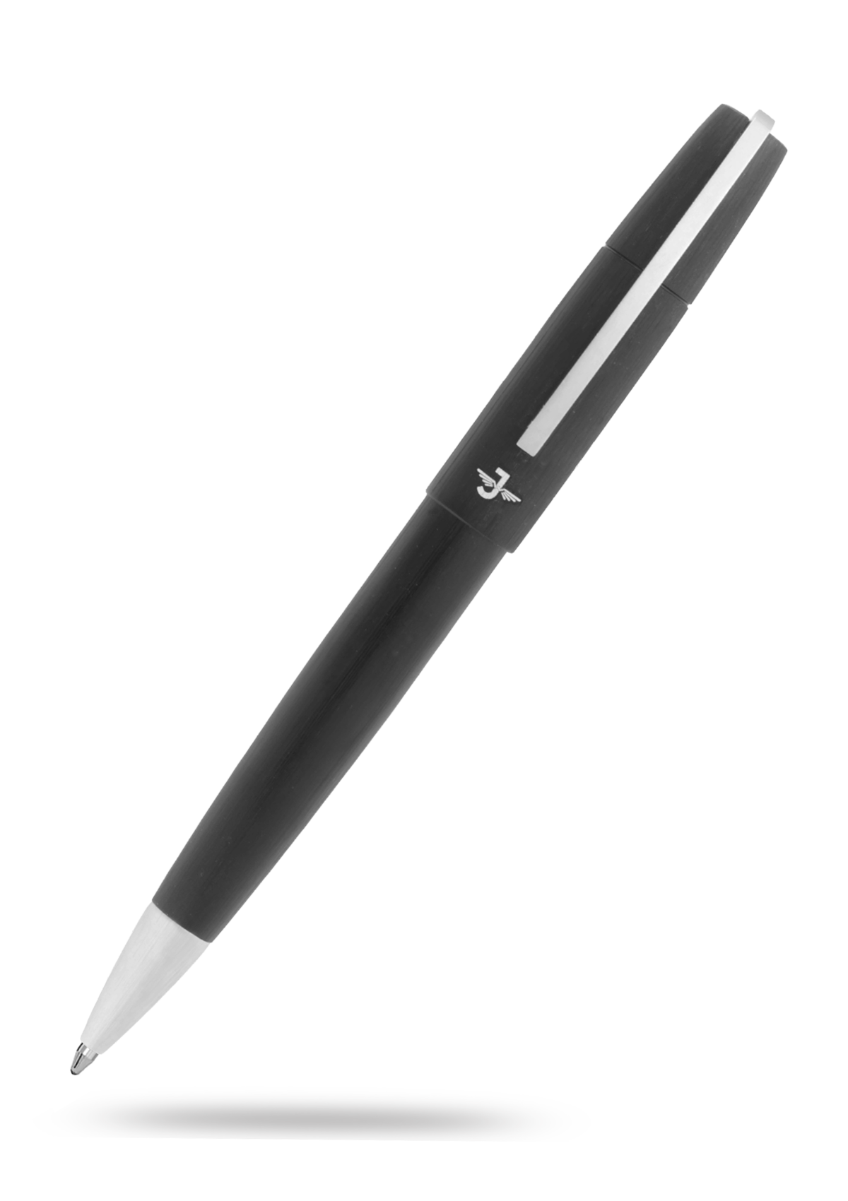Black pen with silver accents on a white background