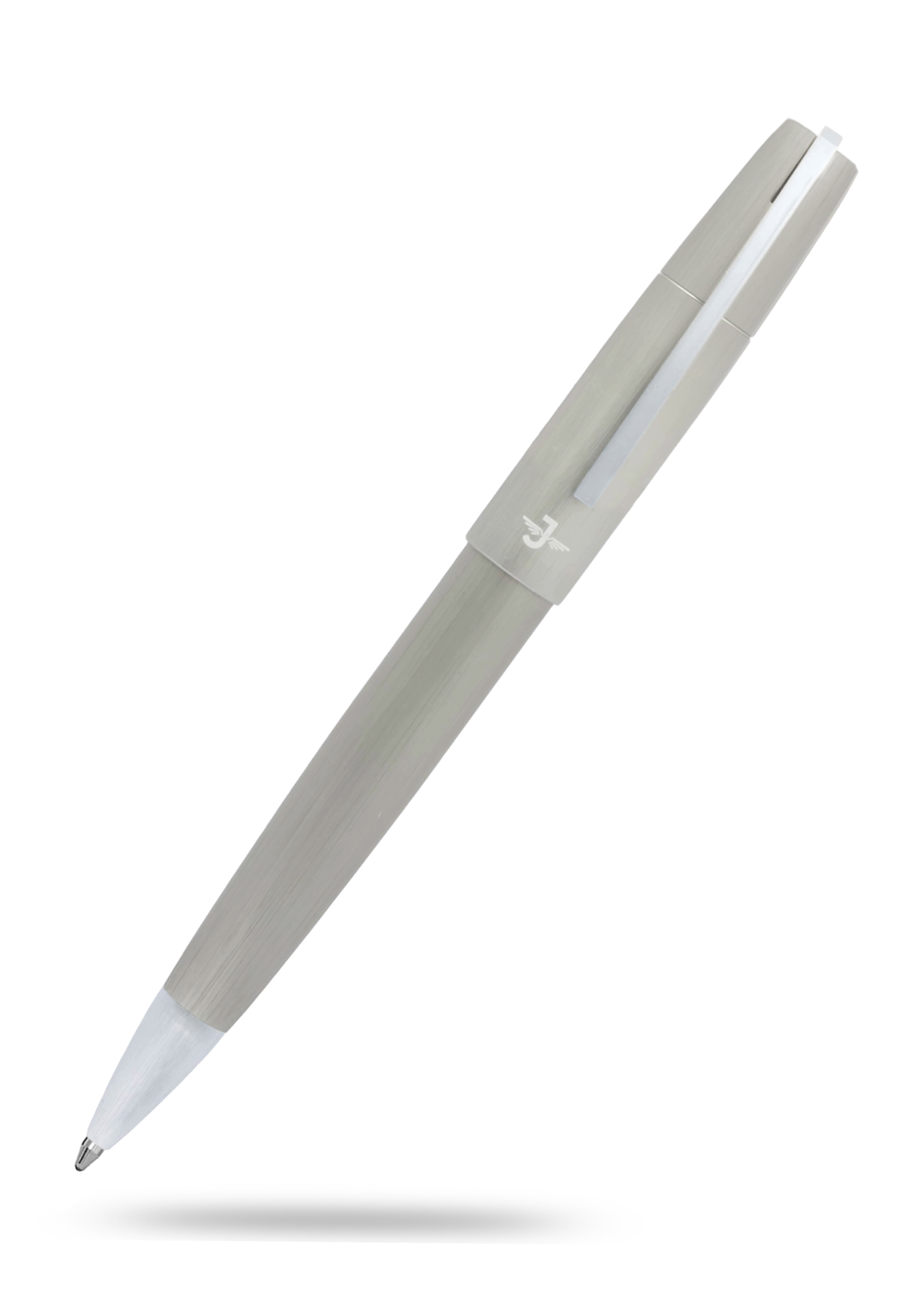 Gray pen with a white accent on a white background