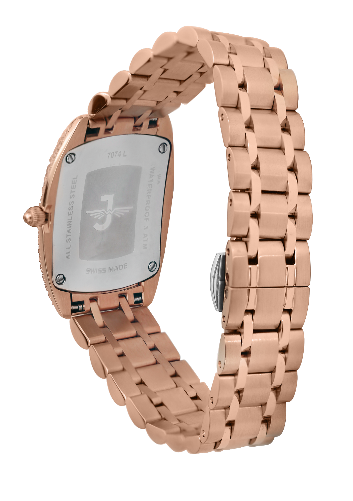 Rose gold watch with a metallic band on a white background