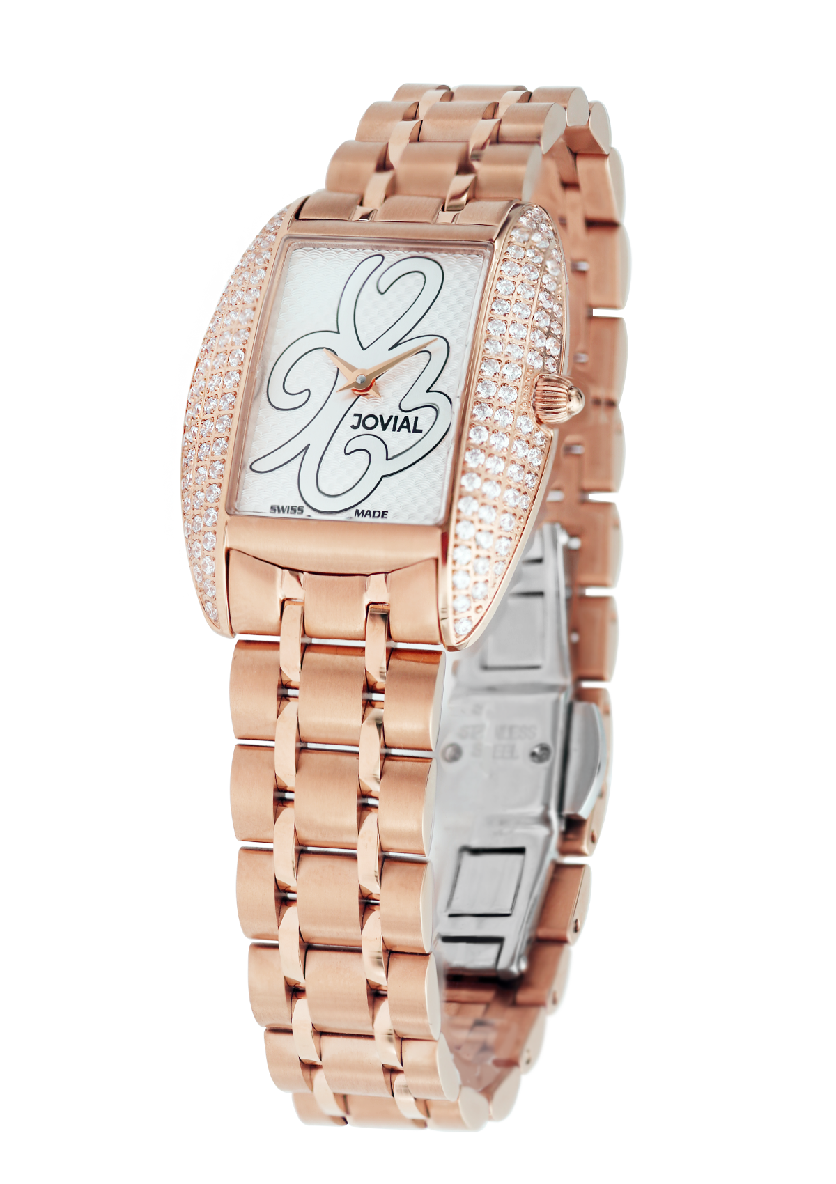 Rose gold watch with a decorative face on a white background