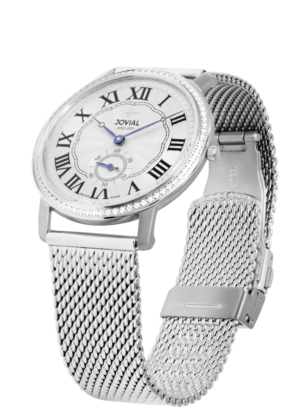 Silver watch with mesh band and white face featuring Roman numerals on a white background