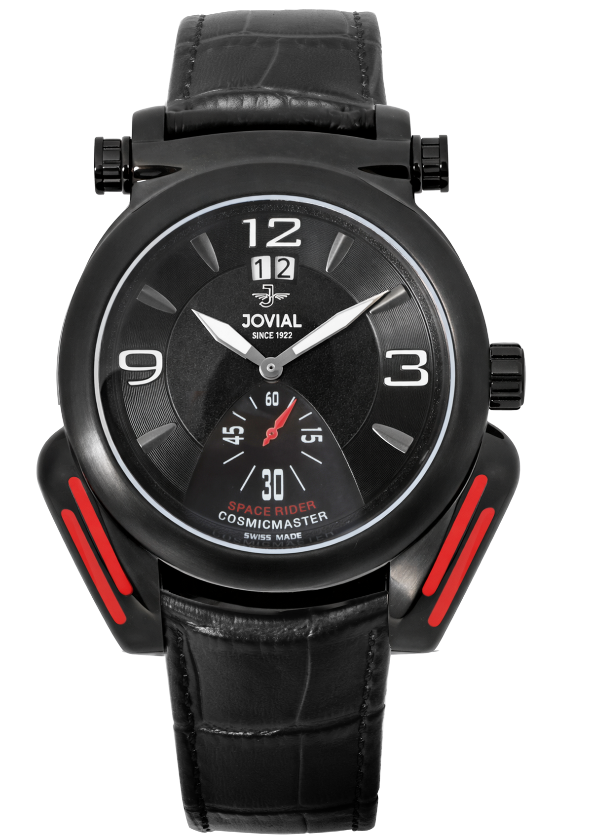 Black wristwatch with red accents on a white background
