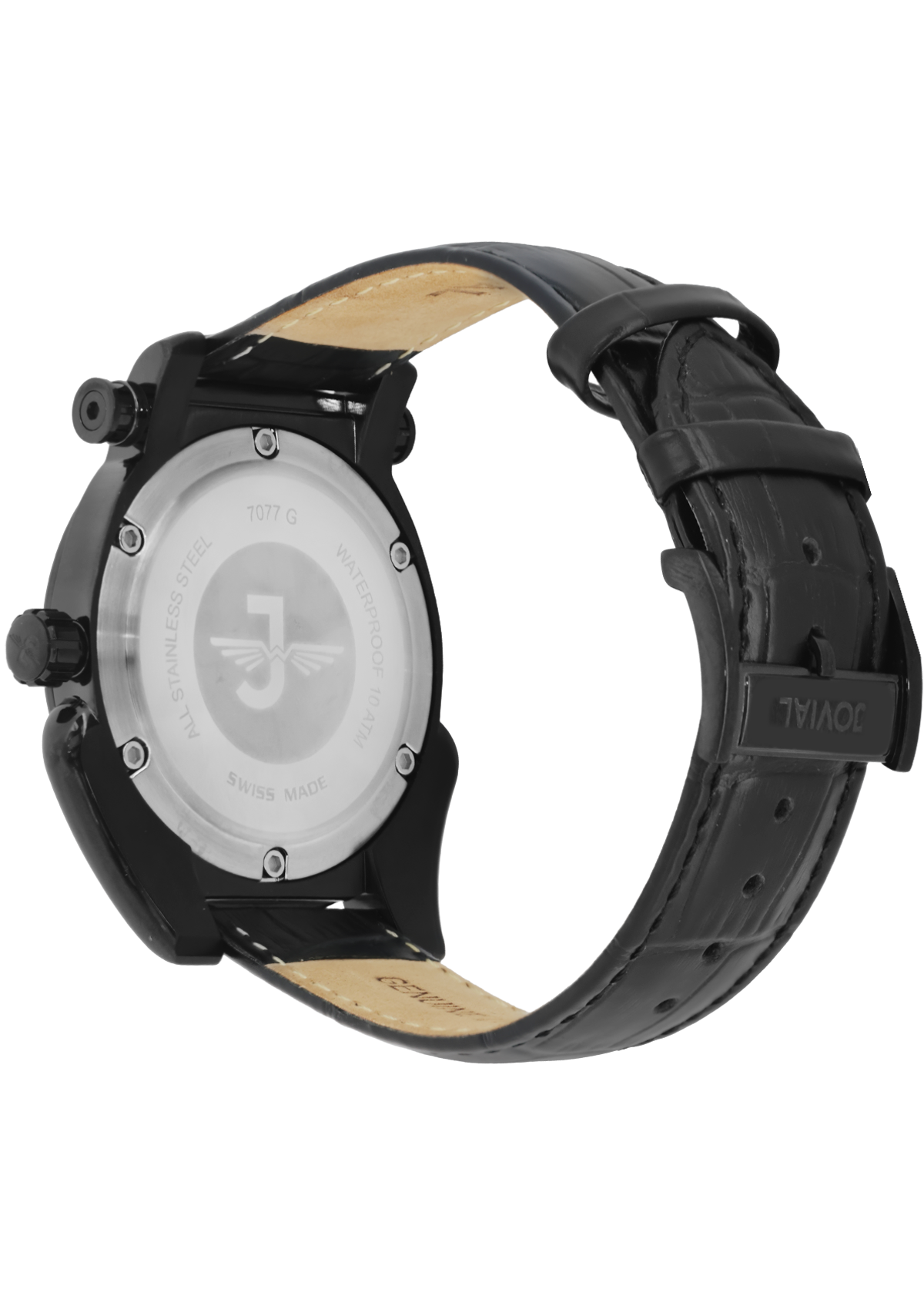 Black watch with a detailed face on a white background
