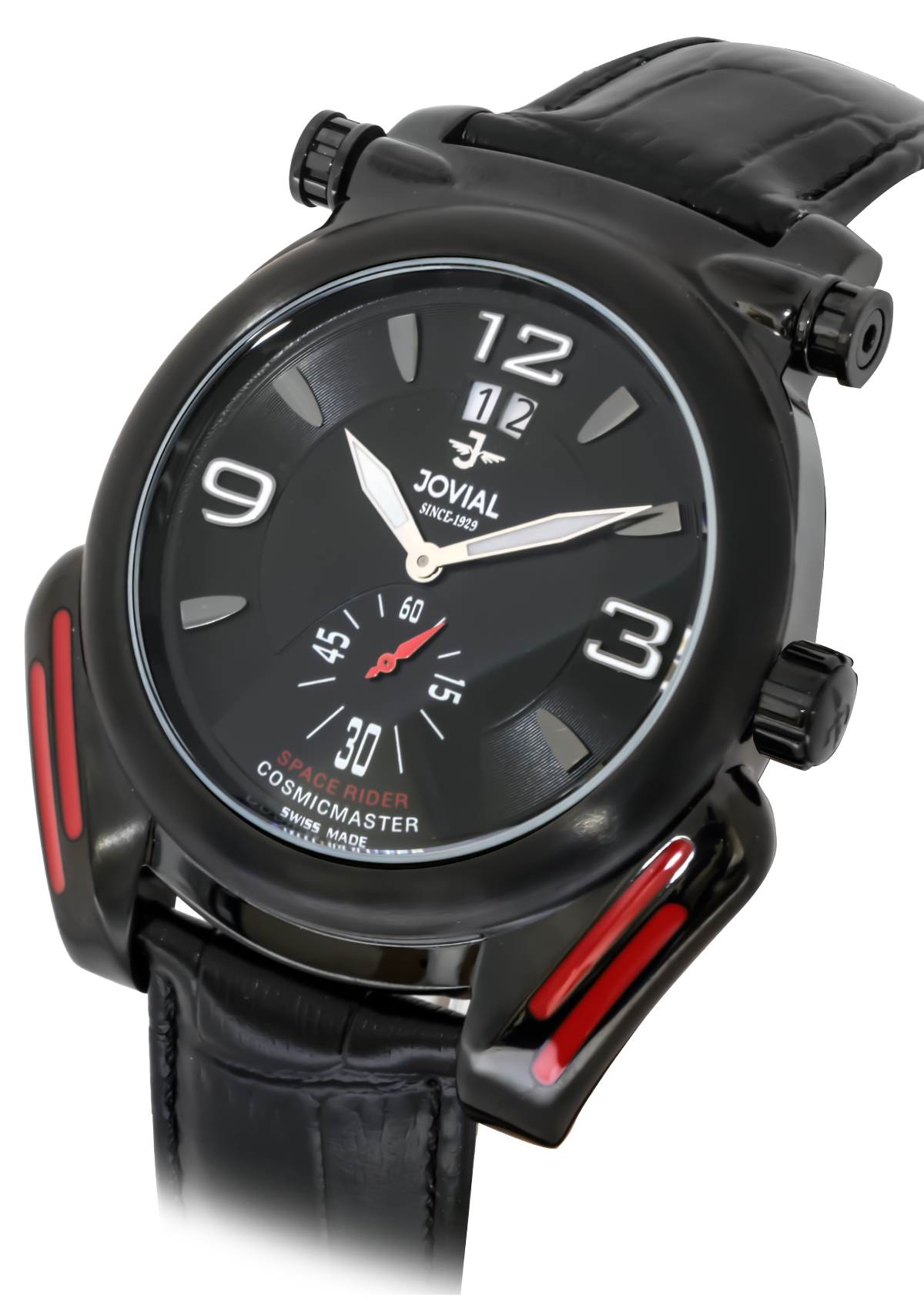 Black wristwatch with red accents on a white background