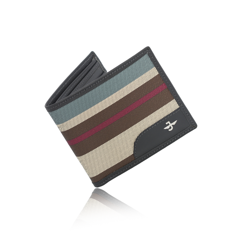 JW 7608821 GY – Leather & Fabric Bi-Fold Wallet with Striped Design
