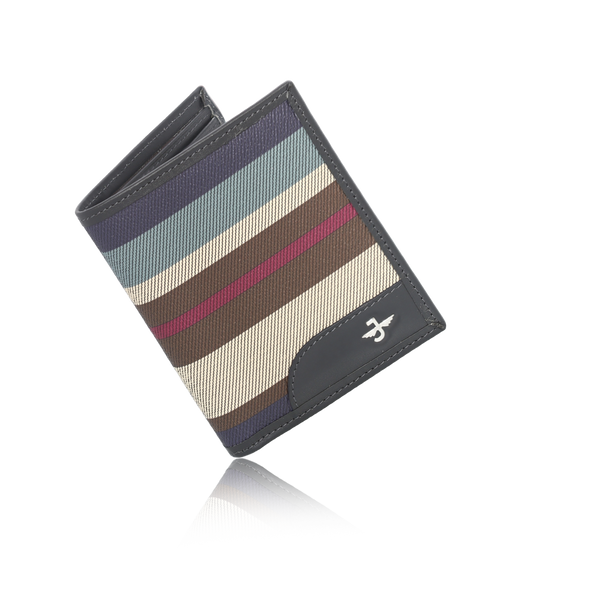 JW 7608822 GY – Leather & Fabric Tri-Fold Wallet with Striped Design