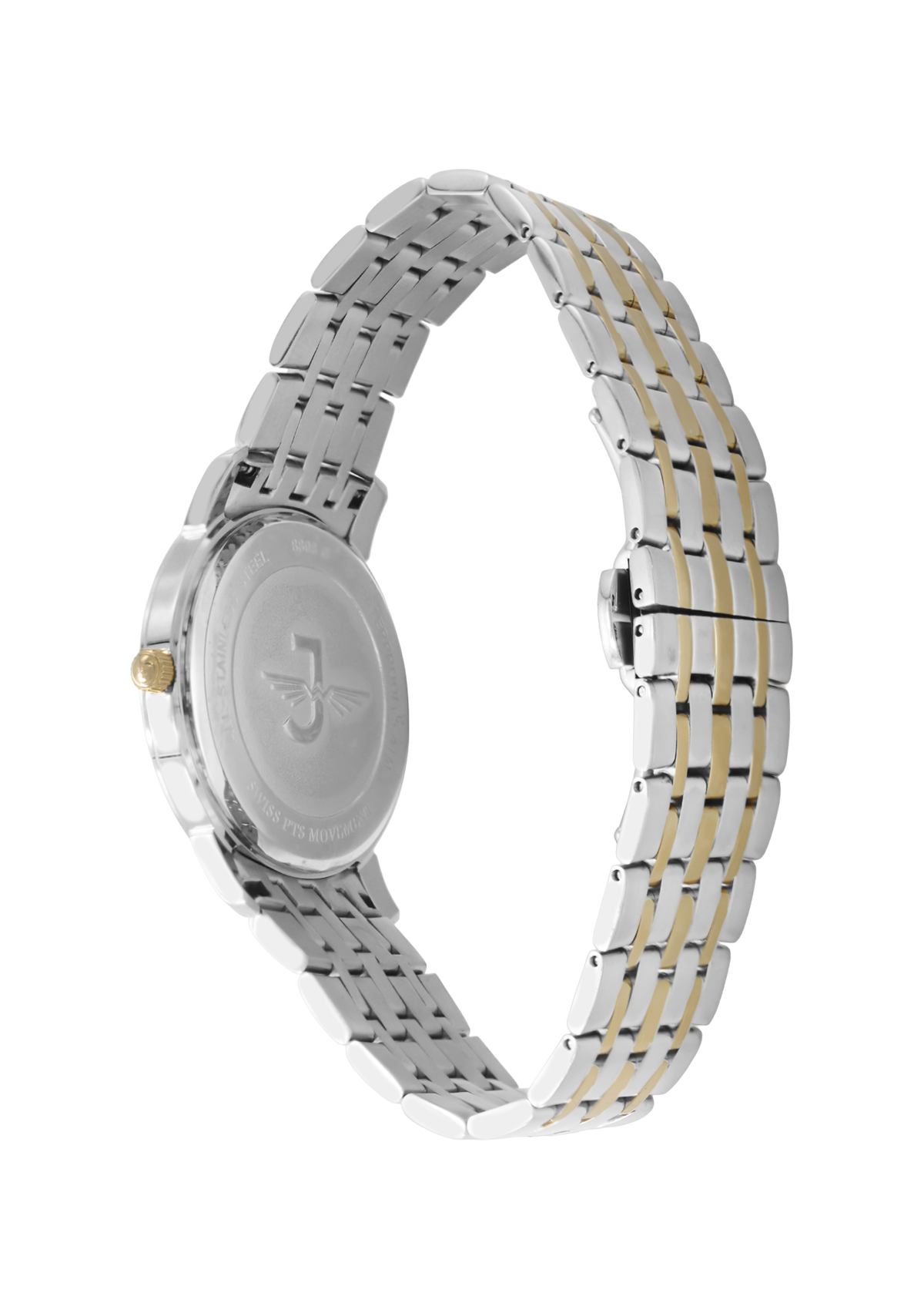 Two-tone watch with silver and gold band on a white background