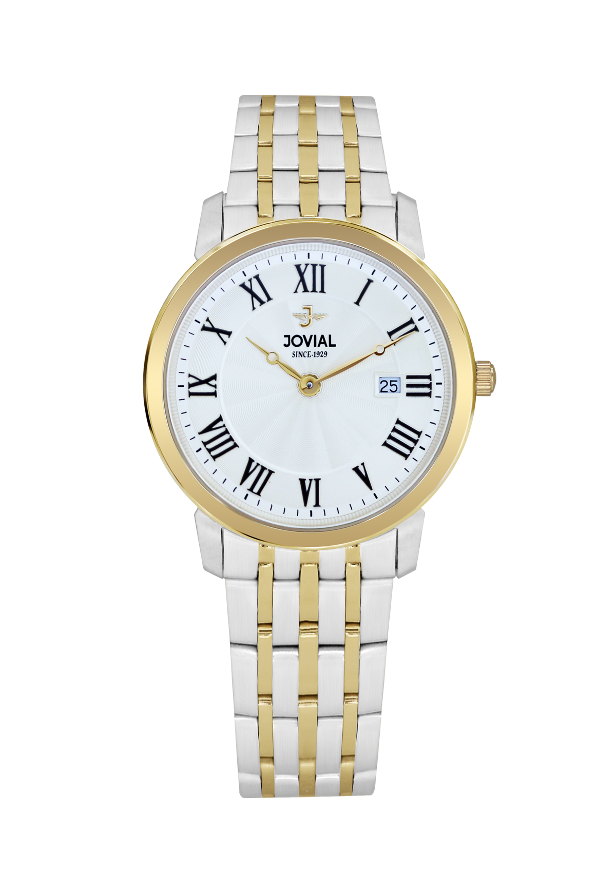 Two-tone watch with gold and silver band on a white background