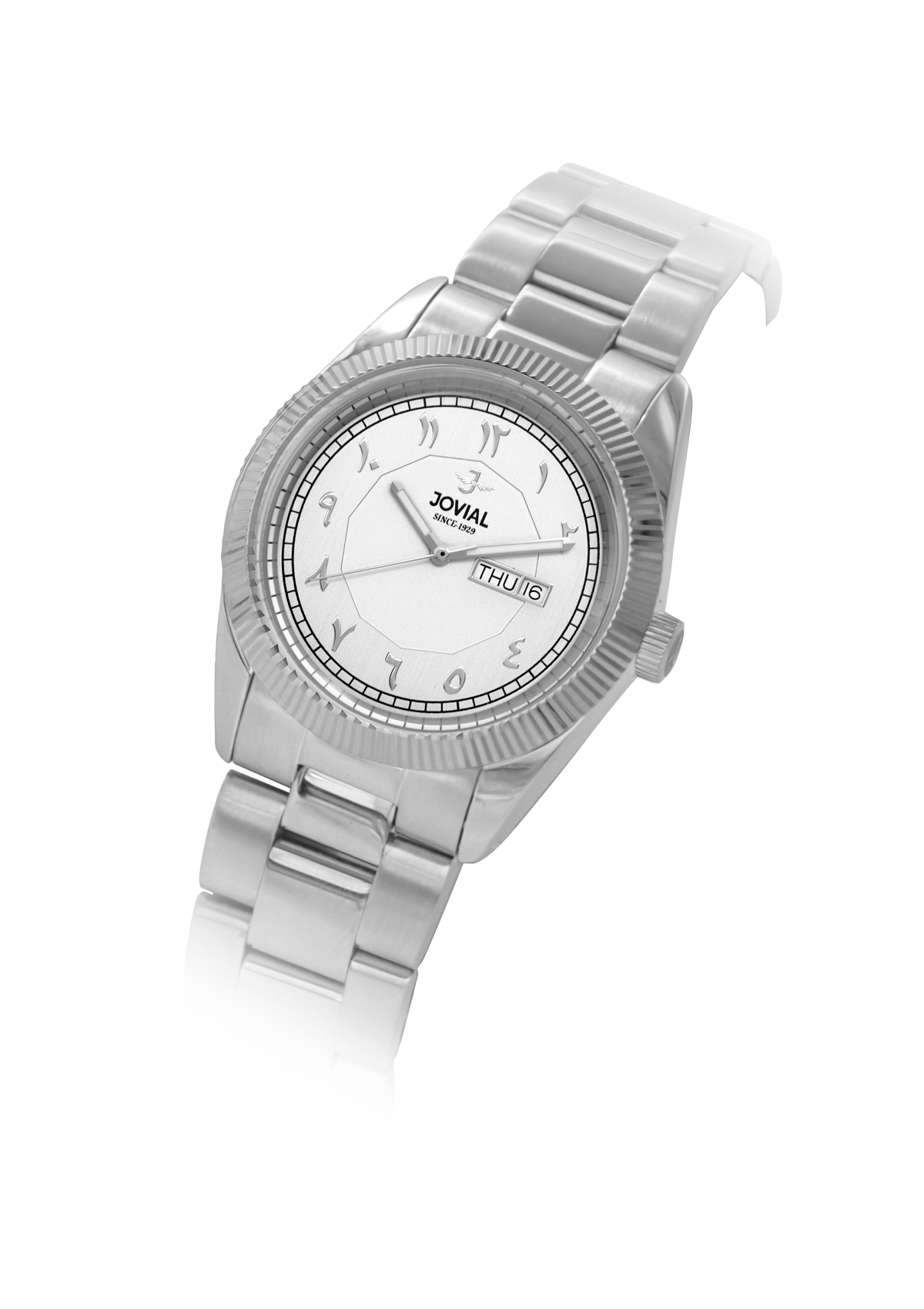 Silver watch with a white face on a white background