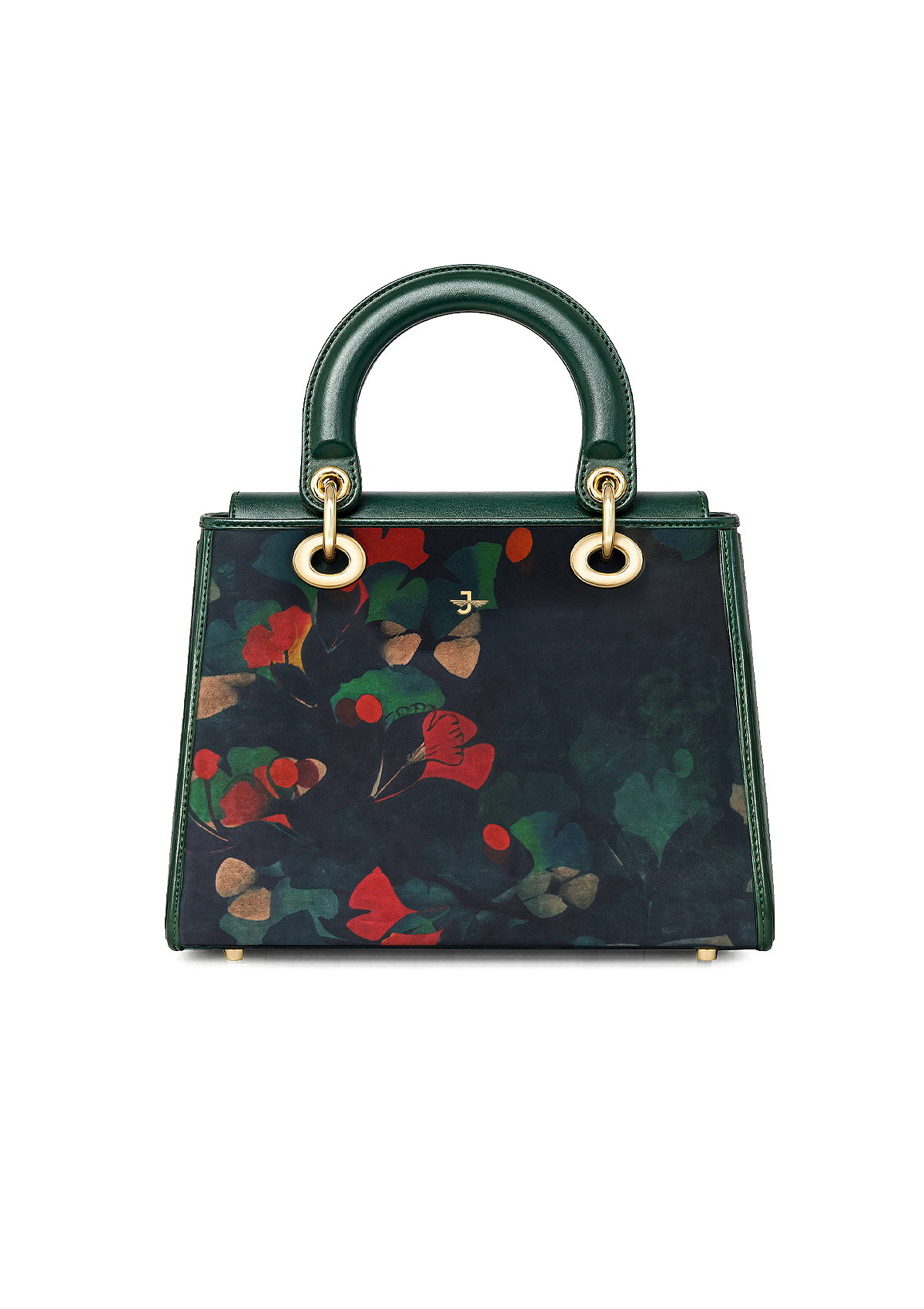 Green handbag with floral pattern on a white background