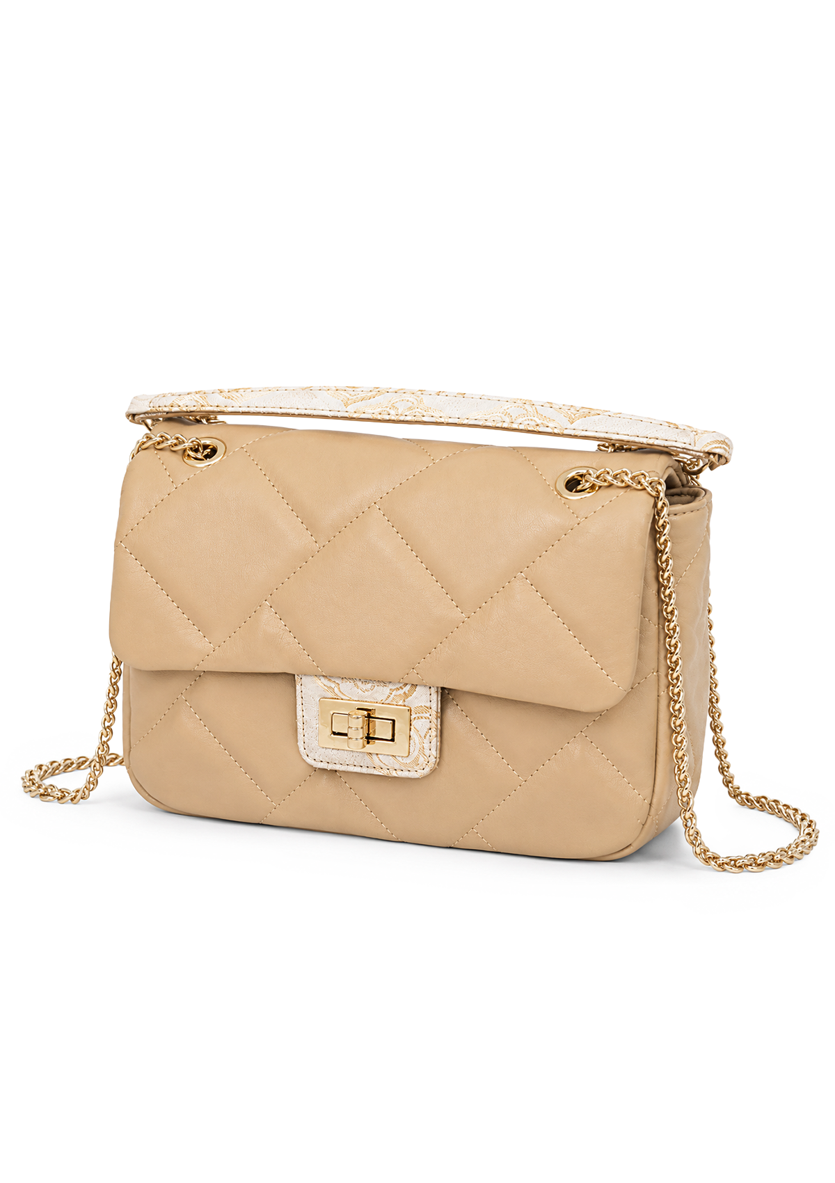 Beige Quilted Structured Handbag