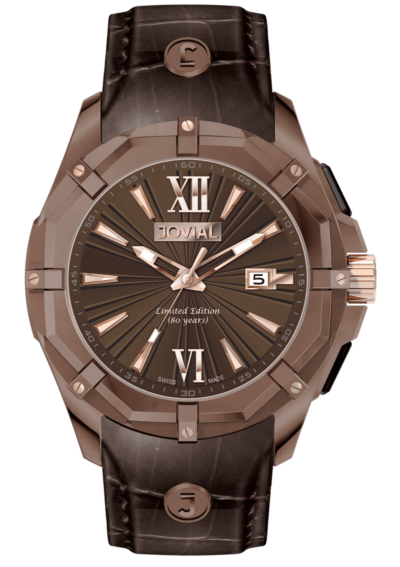 Chrono JOVIAL Watch 12017 GCLQ 40 Gents Rose Gold (Brown) 46mm Genuine Leather