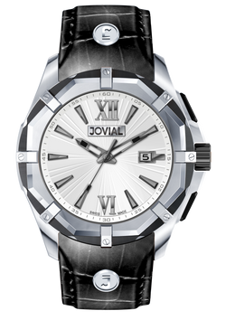 Classic JOVIAL Watch 12019 GSLQ 11 Gents Silver (White) 46mm Genuine Leather