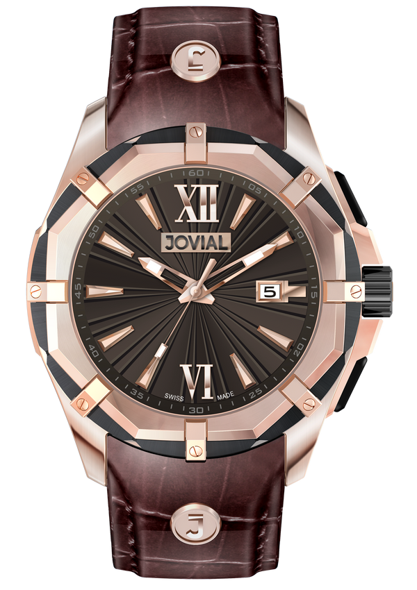 Classic JOVIAL Watch 12018 GRLQ 33 Gents Rose Gold (Brown) 46mm Genuine Leather
