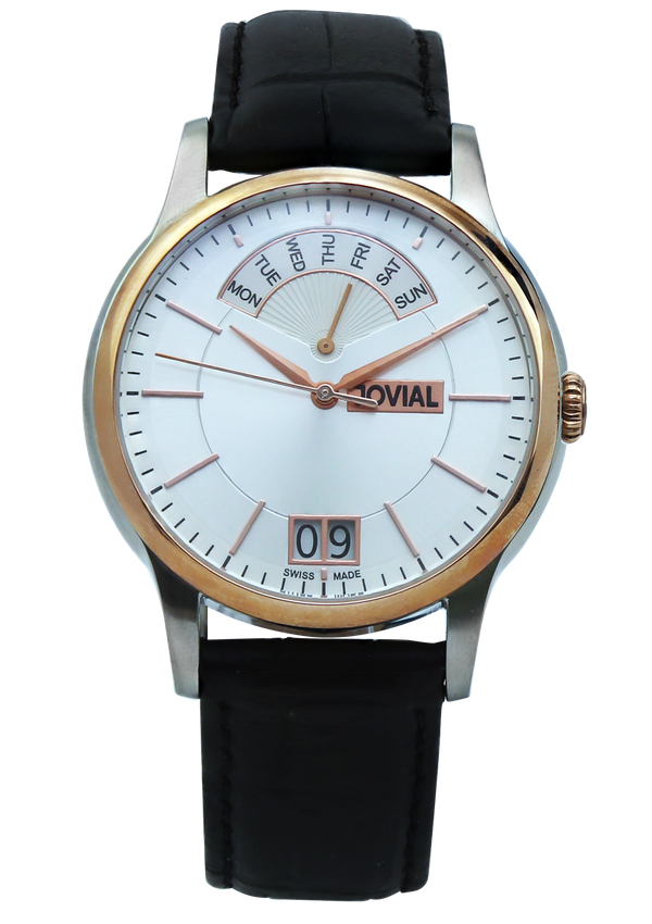 A classic JOVIAL watch 4589GALQ11-3W Gents Rose Gold (White) 42mm Genuine Leather