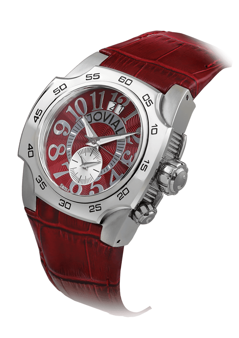 Classic JOVIAL Watch 7213GSLQ97 Gents Silver (Red) 42mm Genuine leather