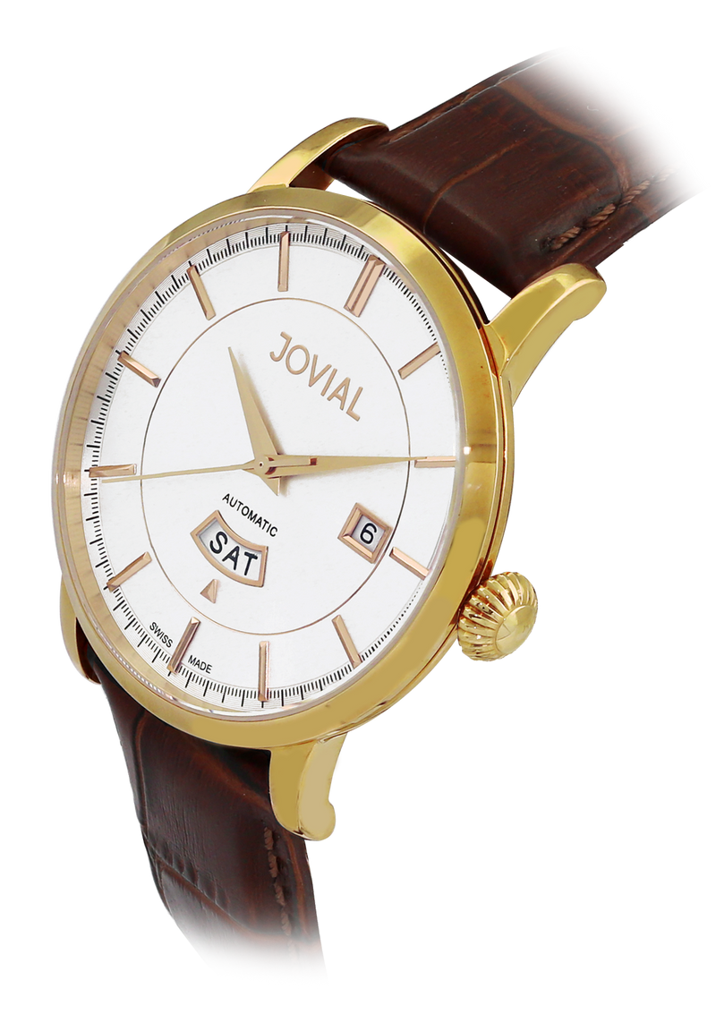 Automatic classic JOVIAL watch 9109GGLA37 Gents Gold (white) 42mm Genuine Leather 