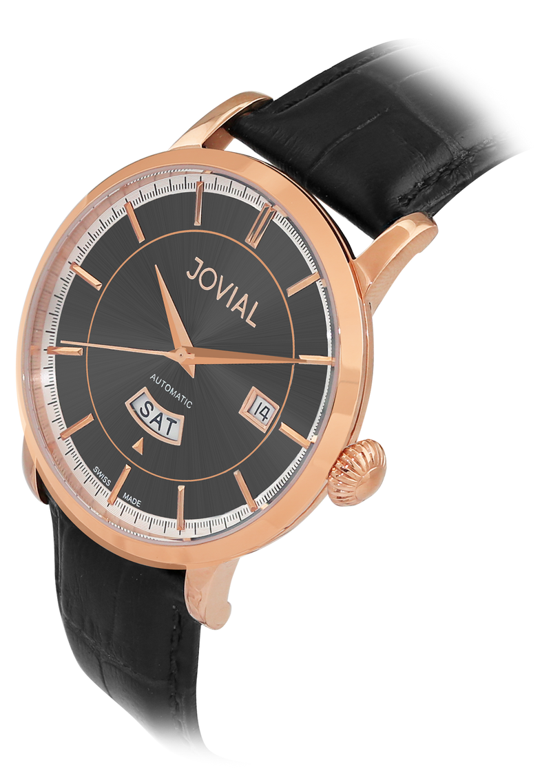 Automatic classic JOVIAL watch 9109GRLA31 Gents Rose Gold (Black) 42mm Genuine Leather 